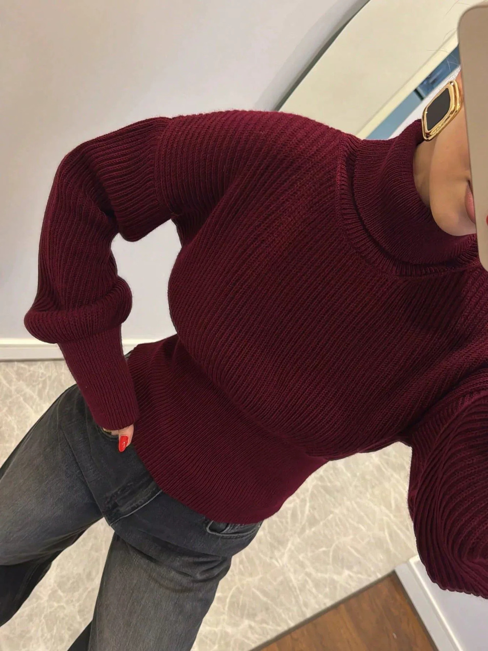 Zara High Neck Chunky Ribbed Lantern Sleeve Pullover Slim Waist Fall Winter